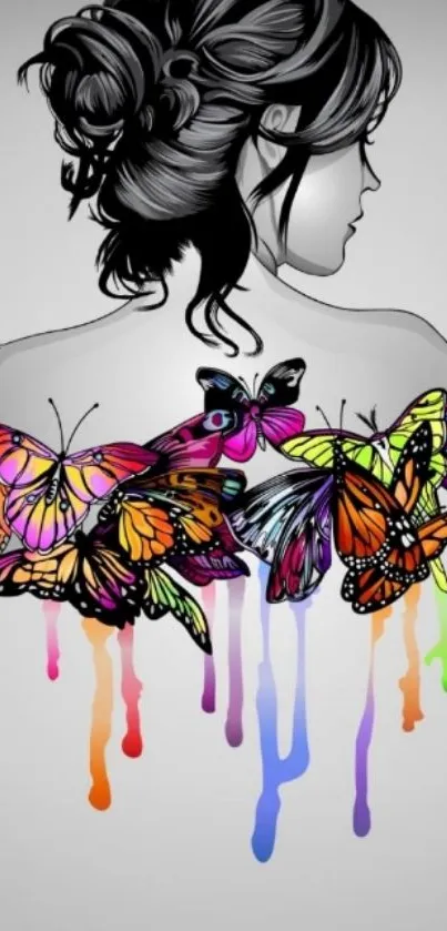 Woman with butterflies in grayscale and colorful mix.