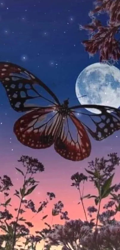 Butterfly silhouette under a moonlit sky with colorful horizon.