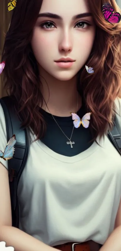 Girl with butterflies in a digital art background.