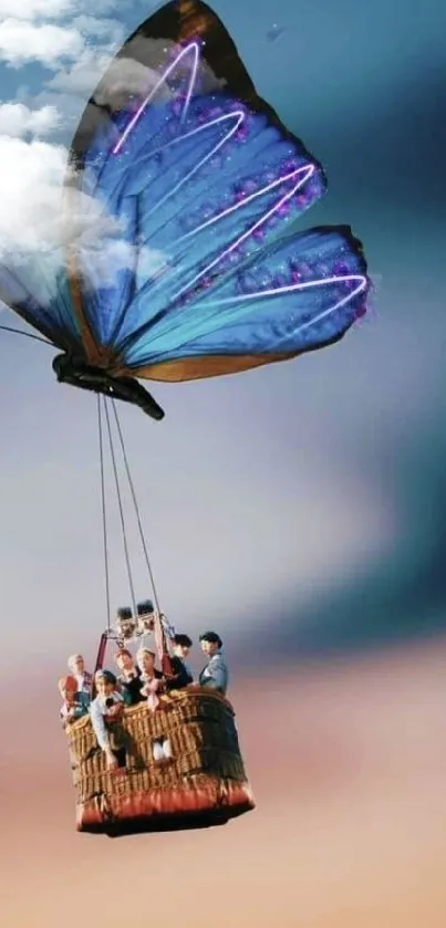 Butterfly-winged balloon with people, soaring in a dreamy sky.