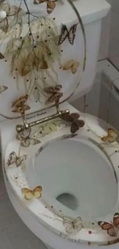 Butterfly themed toilet seat design in bathroom.