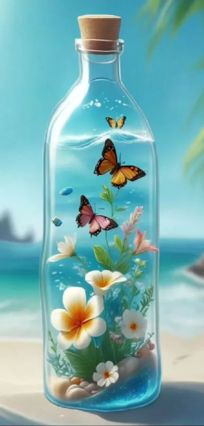 Butterflies and flowers in a bottle at a serene beach backdrop.