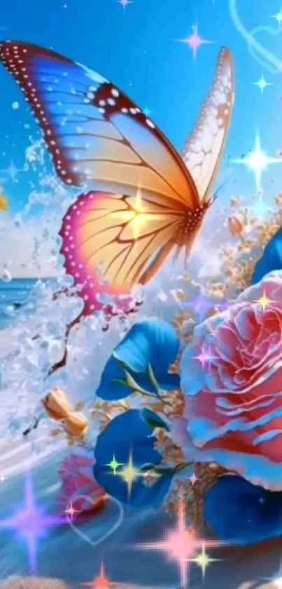 Colorful butterfly with flowers on beach wallpaper.