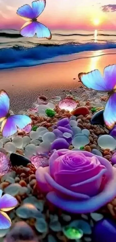 Butterflies flutter over beach at sunset with purple rose and stones.