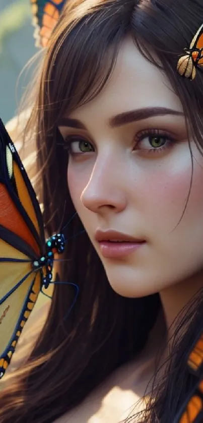 A beautiful girl with monarch butterflies on a vibrant mobile wallpaper.