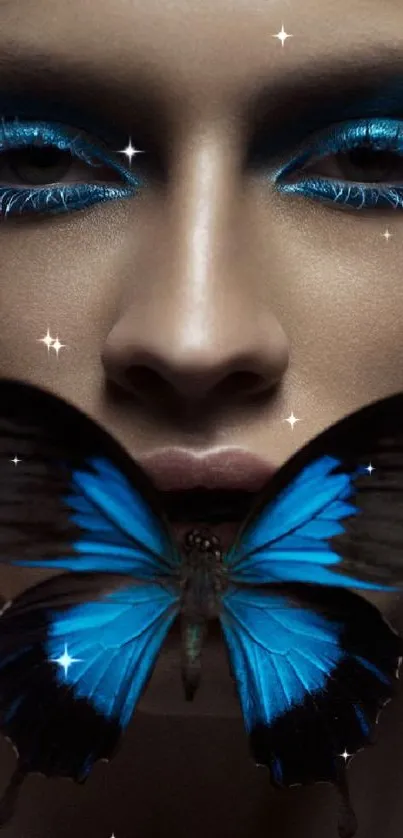 Close-up face with blue eyeshadow and butterfly.