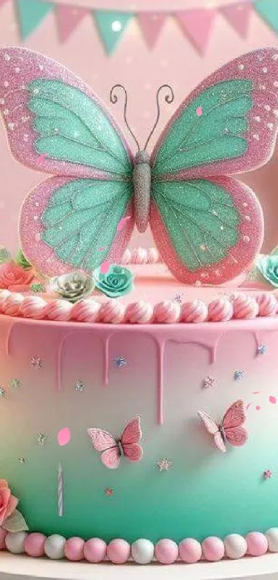 Butterfly-themed cake with balloons