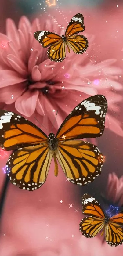 Monarch butterflies on pink flowers wallpaper.