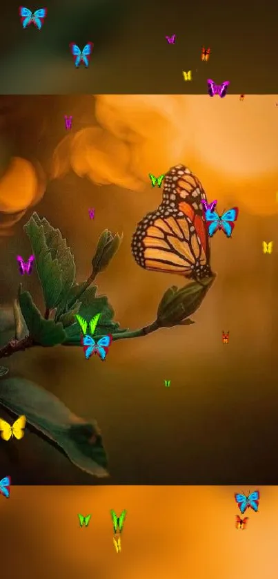 Vibrant butterfly on a leafy branch with colorful background.