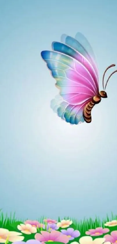 A vibrant butterfly with colorful wings on a serene sky background with flowers.