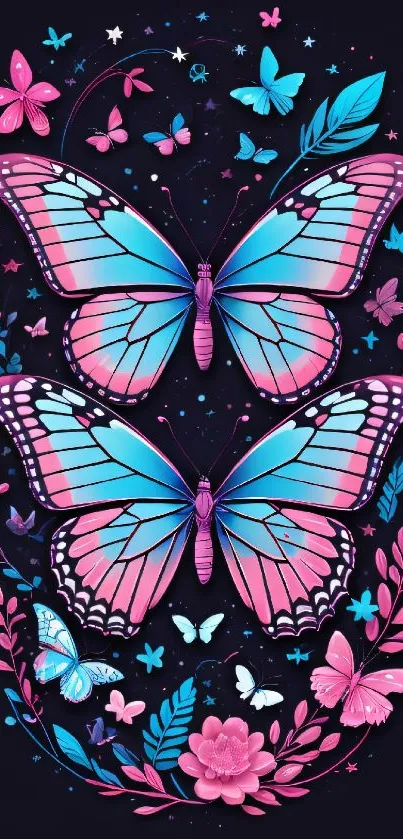 Vibrant pink and blue butterfly wallpaper on dark background.