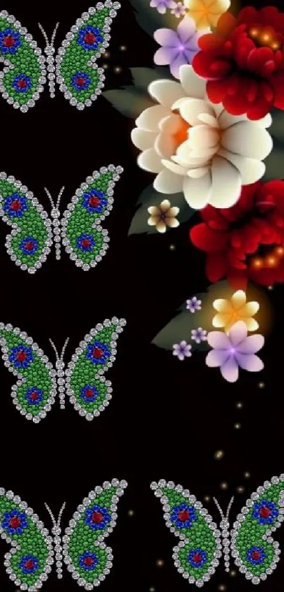 Colorful butterfly and floral design on a black background.