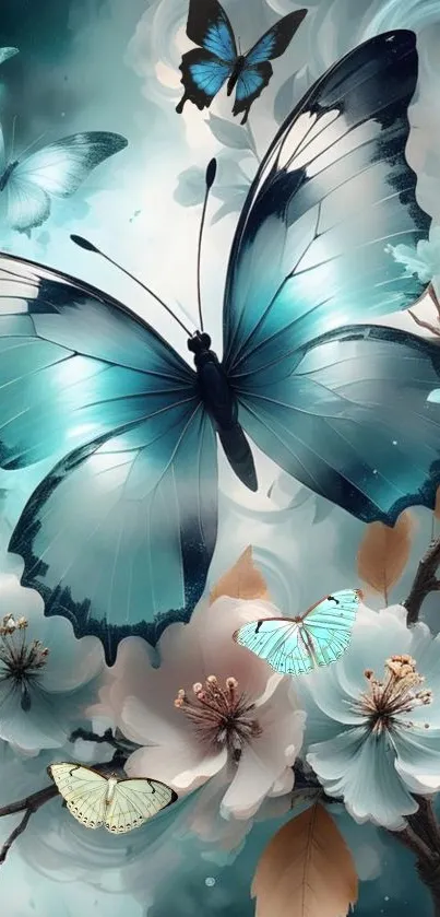 Teal butterfly and blossom mobile wallpaper with elegant floral design.