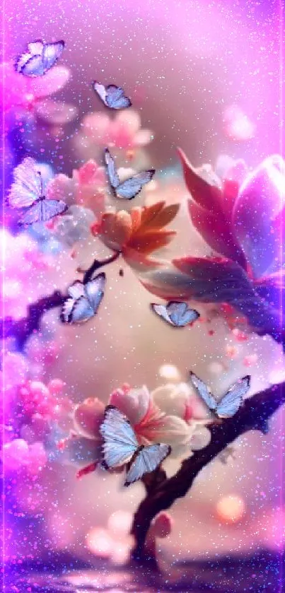 Beautiful mobile wallpaper with butterflies and flowers in a serene setting.