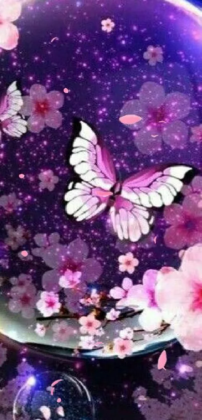 Vibrant butterfly and blossom design with purple and pink hues.