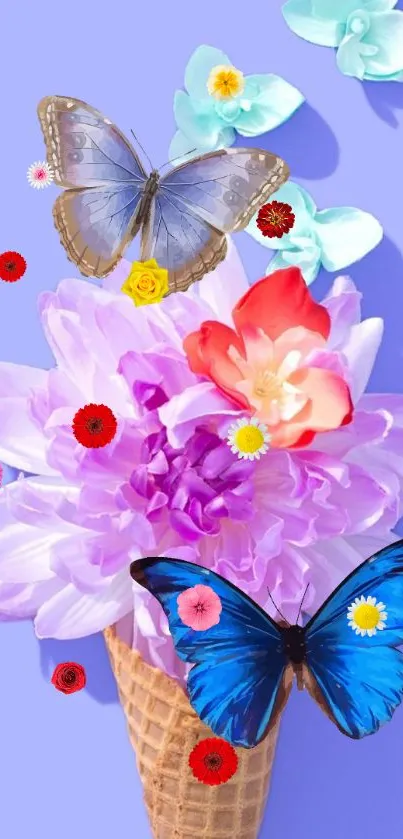 Blue butterflies and flowers on purple background wallpaper.