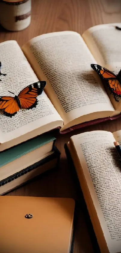 Open books with butterflies in a serene aesthetic.