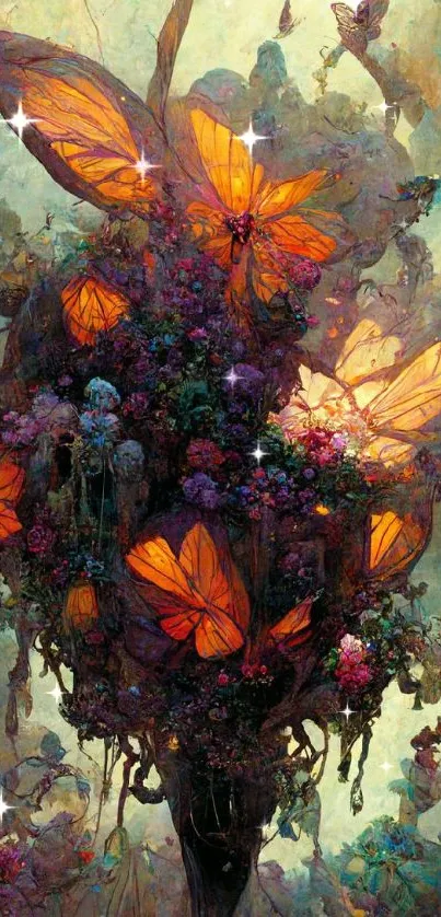 Vibrant fantasy artwork of orange butterflies.