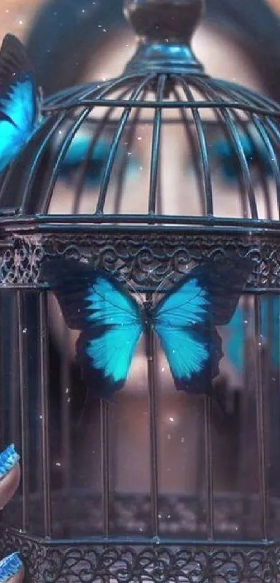 Vibrant blue butterflies on a rustic cage.