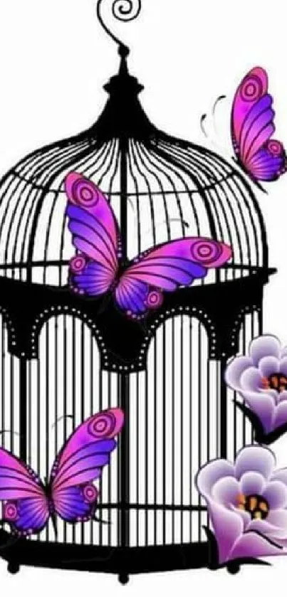 Artistic butterfly and cage wallpaper with vibrant colors and floral accents.