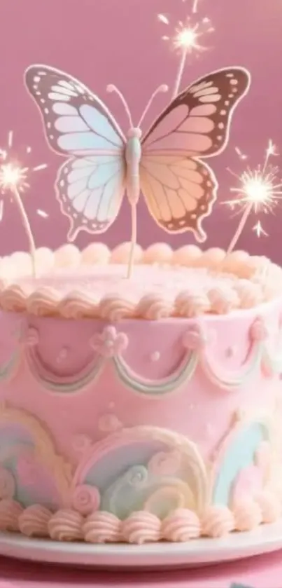 Pink cake with butterfly topper and sparklers.