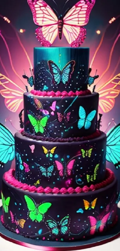 Vibrant neon butterfly cake in purple hues for mobile wallpaper.