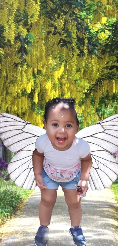 Child with butterfly wings in a vibrant yellow garden pathway.