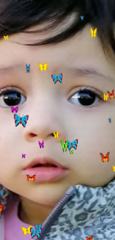 Child's face with colorful butterfly accents on a playful wallpaper.