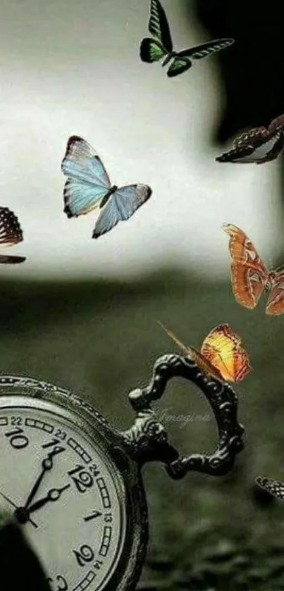 Butterflies flutter around a vintage clock.