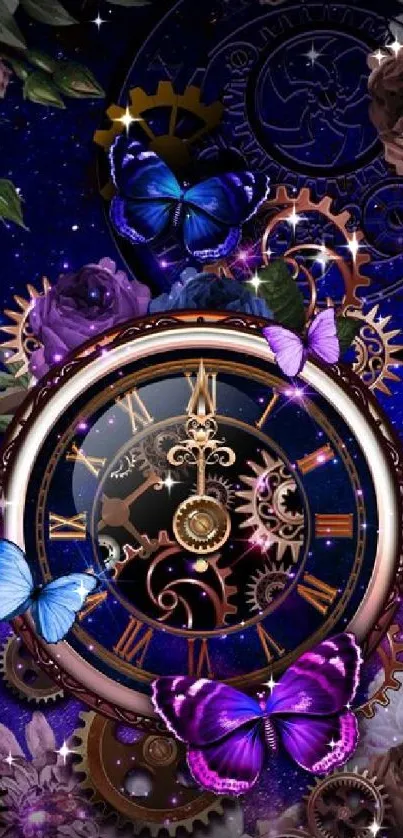 Vibrant steampunk clock wallpaper with butterflies.