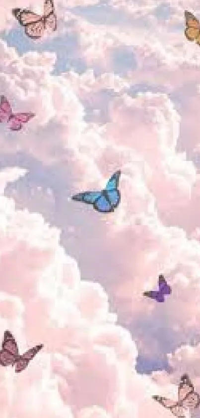 Colorful butterflies floating among pink fluffy clouds.