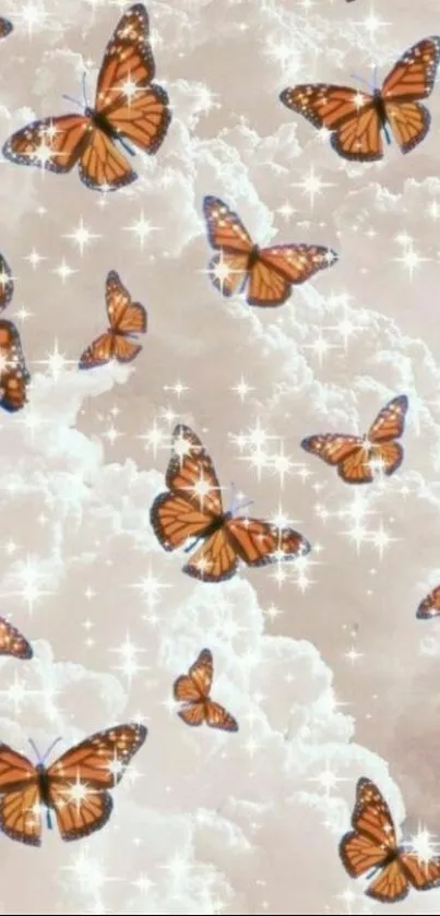 Vibrant butterflies in a dreamy cloud-filled sky wallpaper.