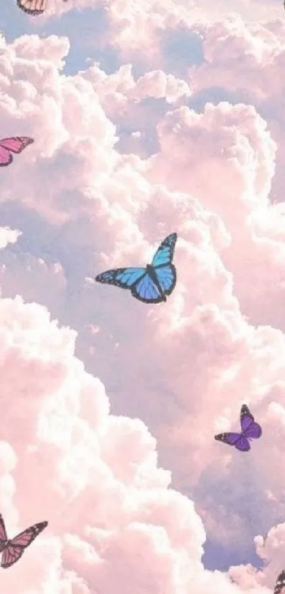 Dreamy pink clouds with colorful butterflies fluttering gracefully.