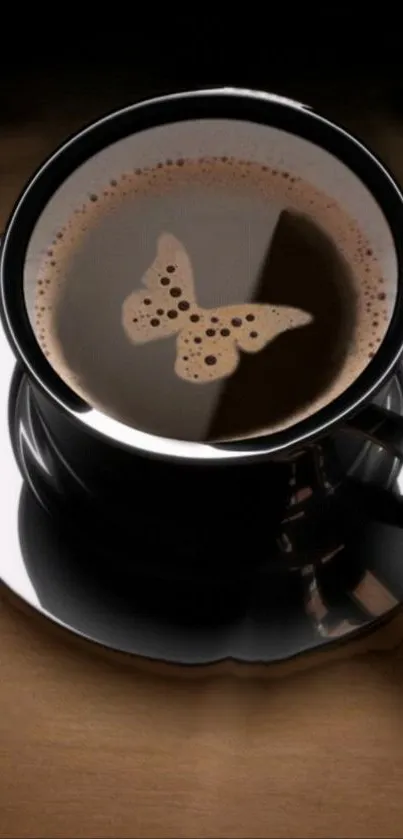 Coffee cup wallpaper with butterfly latte art.