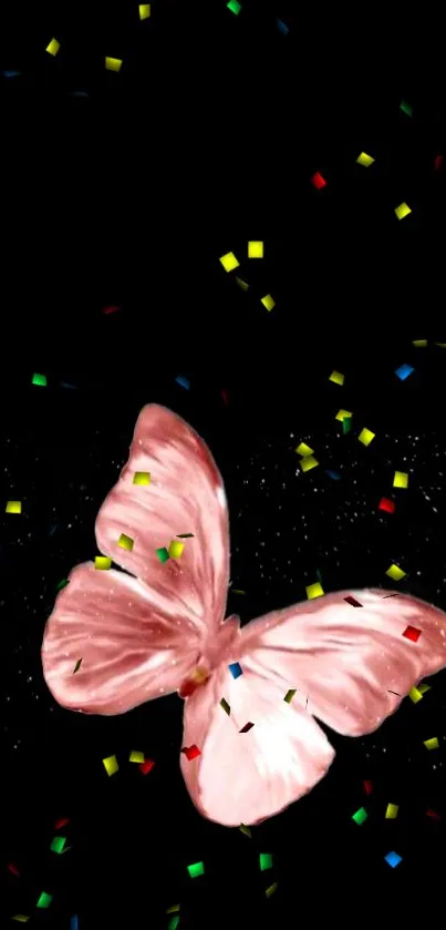 Pink butterfly with colorful confetti on a dark background mobile wallpaper.