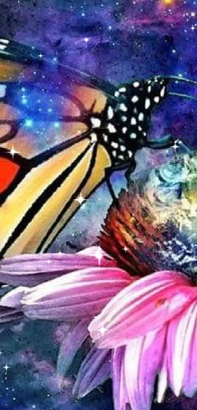 Vibrant butterfly on flower with galaxy background.