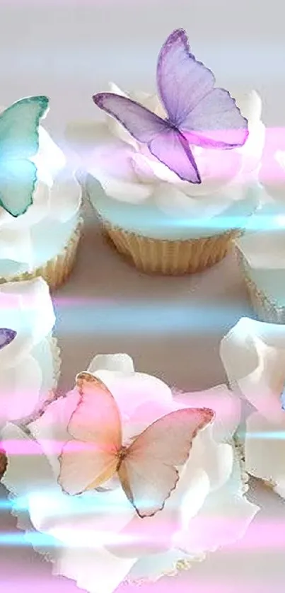 Pastel butterfly-topped cupcakes arranged in a circle.