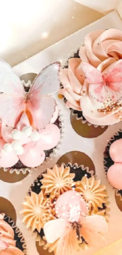 Cupcakes with butterfly decorations in pastel hues.