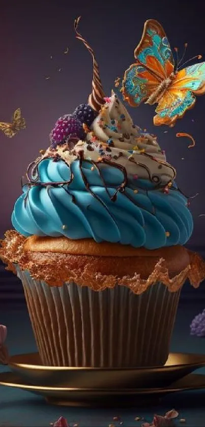 Whimsical cupcake topped with a butterfly and colorful frosting.