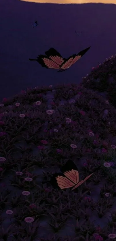 Purple dawn with butterflies and flowers wallpaper.