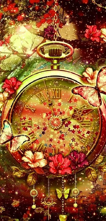 Gold clock with butterflies and flowers on a vibrant background.