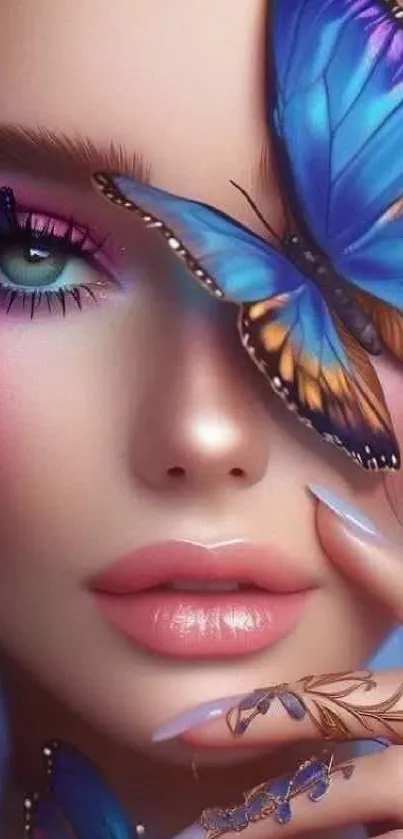 Fantasy artwork featuring a woman with vibrant butterflies and whimsical details.
