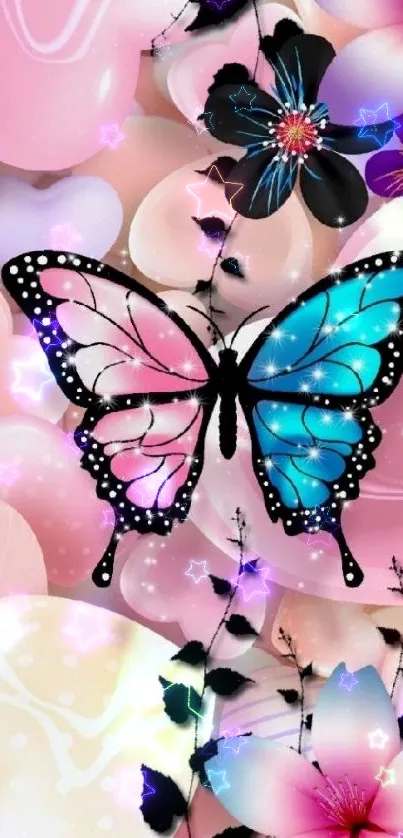 Artistic butterfly with pink and blue floral background.