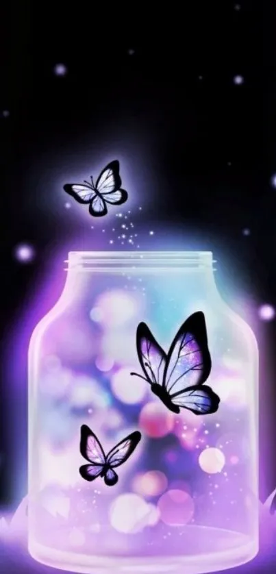 Magical butterflies glow inside a jar with a mystical purple background.