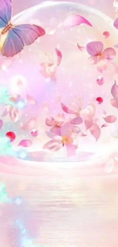 Butterfly and pink petals wallpaper with dreamy pastel colors.