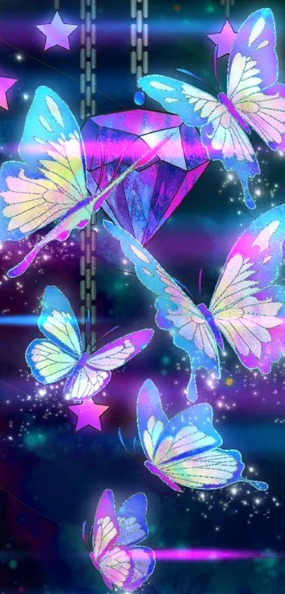 Enchanting mobile wallpaper with neon butterflies and stars.