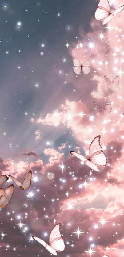 Ethereal butterflies and stars in a dreamy pink sky.