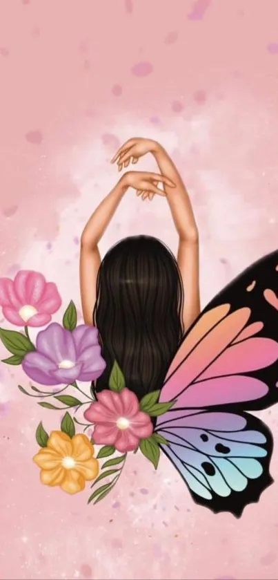 Illustrated woman with butterfly wings and flowers on a pink background.