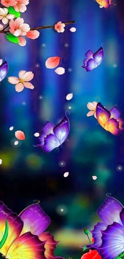 Vibrant wallpaper with butterflies and blossoms.