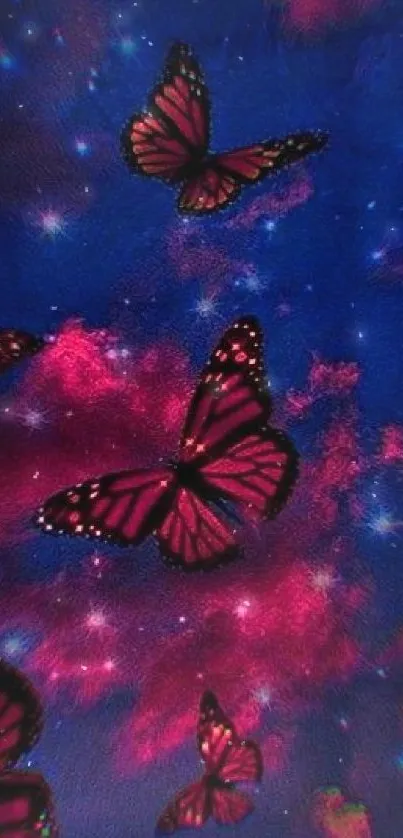 Butterflies in a dreamy, pink and blue nightscape.